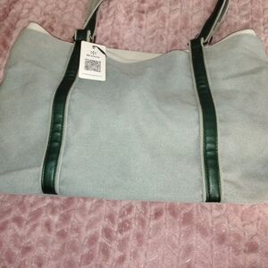 Wxnow Tote Bag in Light Gray with Dark Green Trim